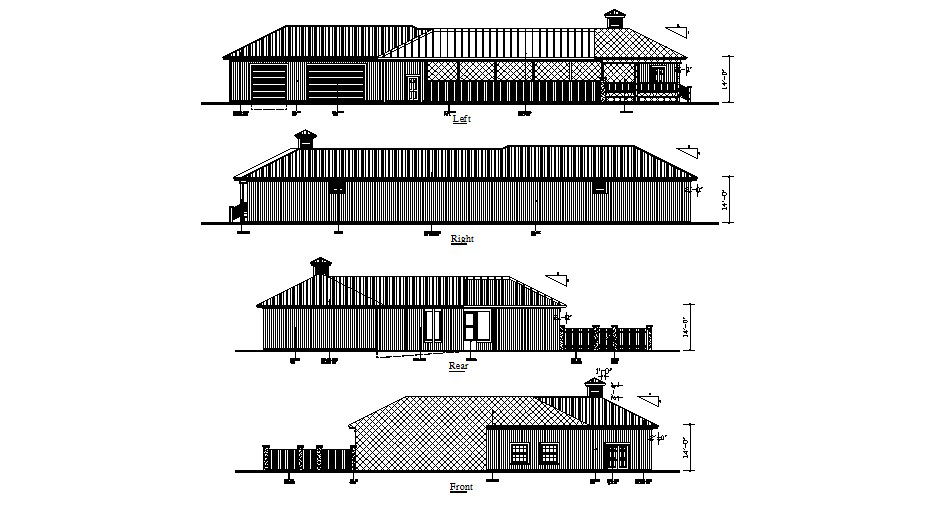 Single story house front, rear, left and right side elevation dwg file