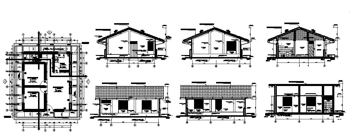 Single story house module elevation, section, plan and auto-cad details dwg file