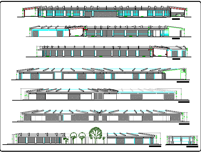 Single story market elevation and sectional details dwg file