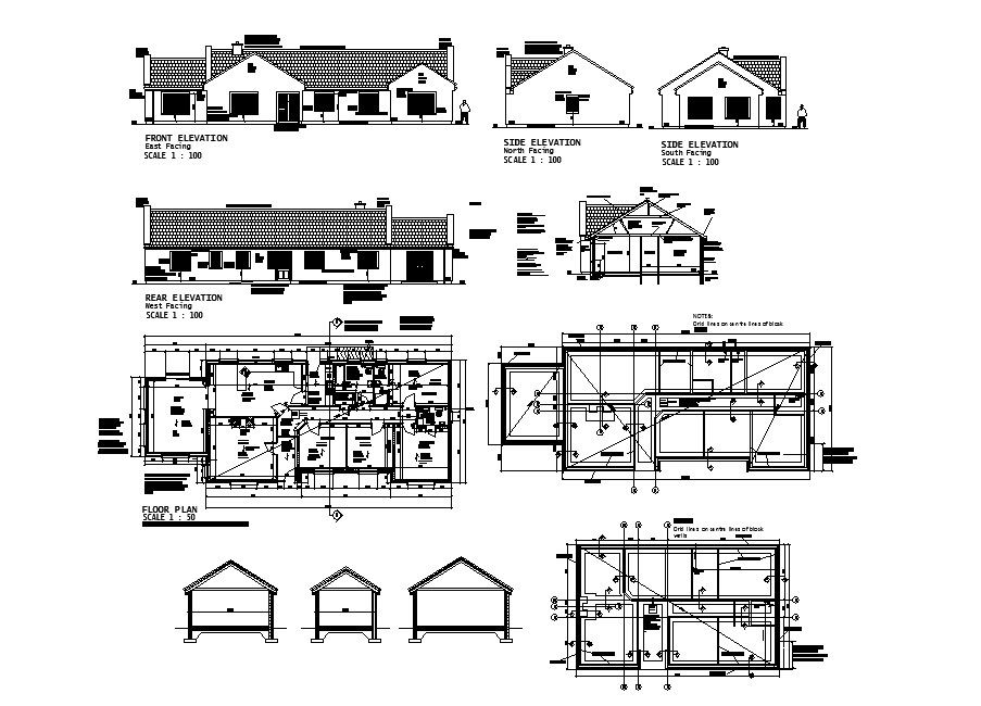 Single story one family house elevation, section and plan auto-cad details dwg file