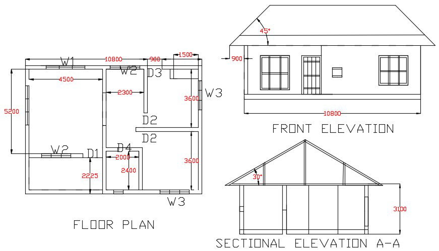 Single Storey House Plan With Section And Elevation Drawing DWG File