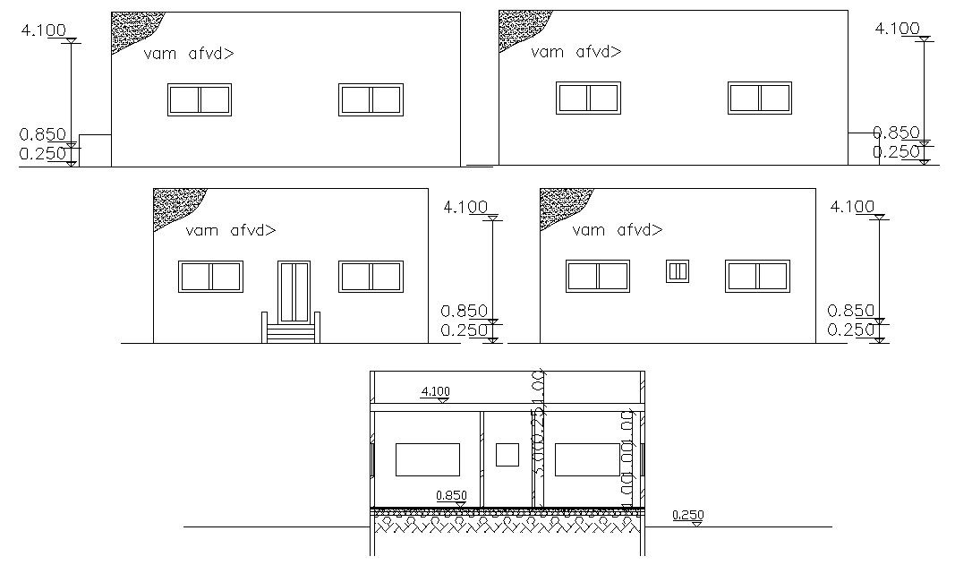 Single Story Four Side Elevations And Section AutoCAD File