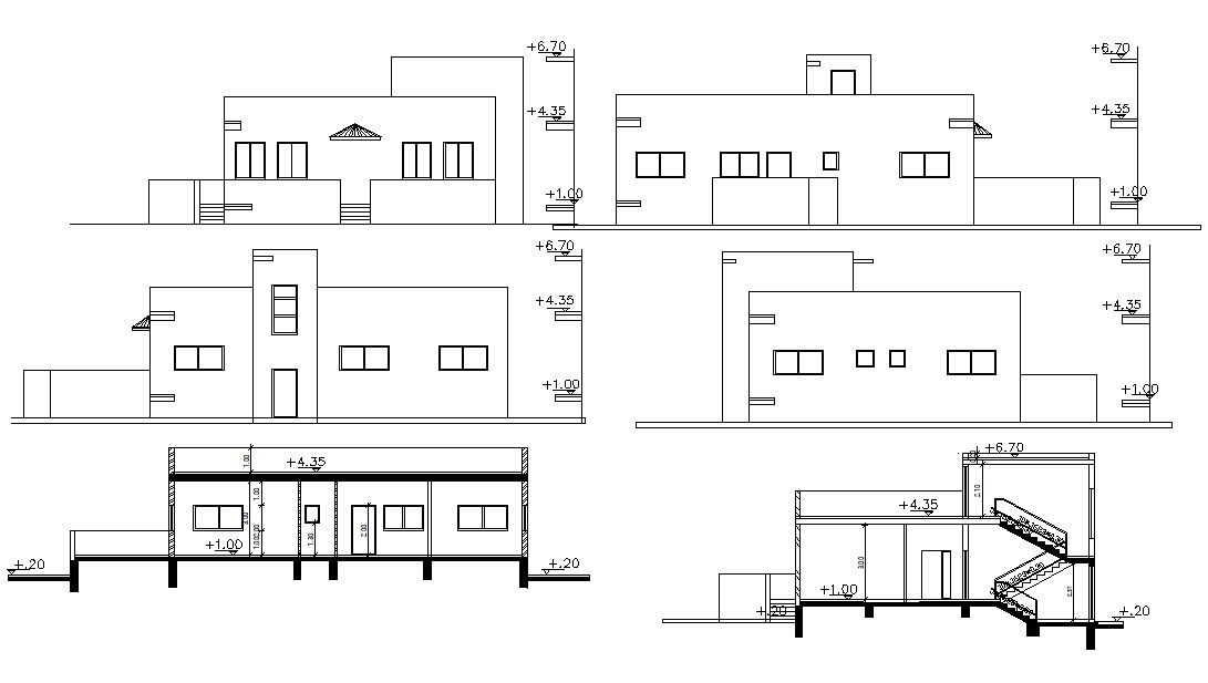 Single Story House Section and Elevation Design DWG File