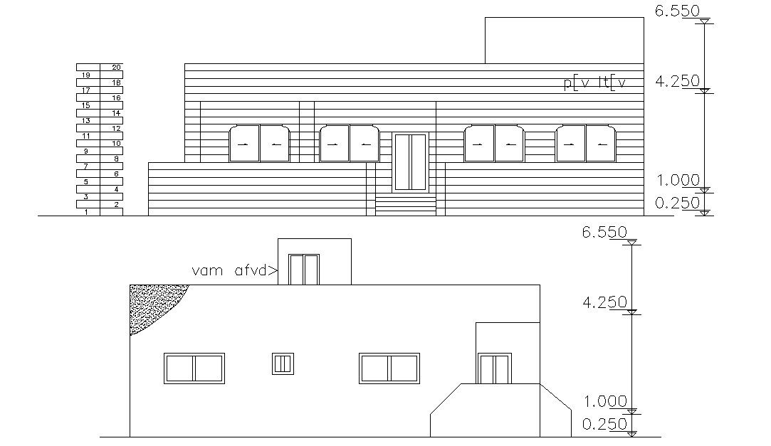 Single Story Simple House Elevations AutoCAD File