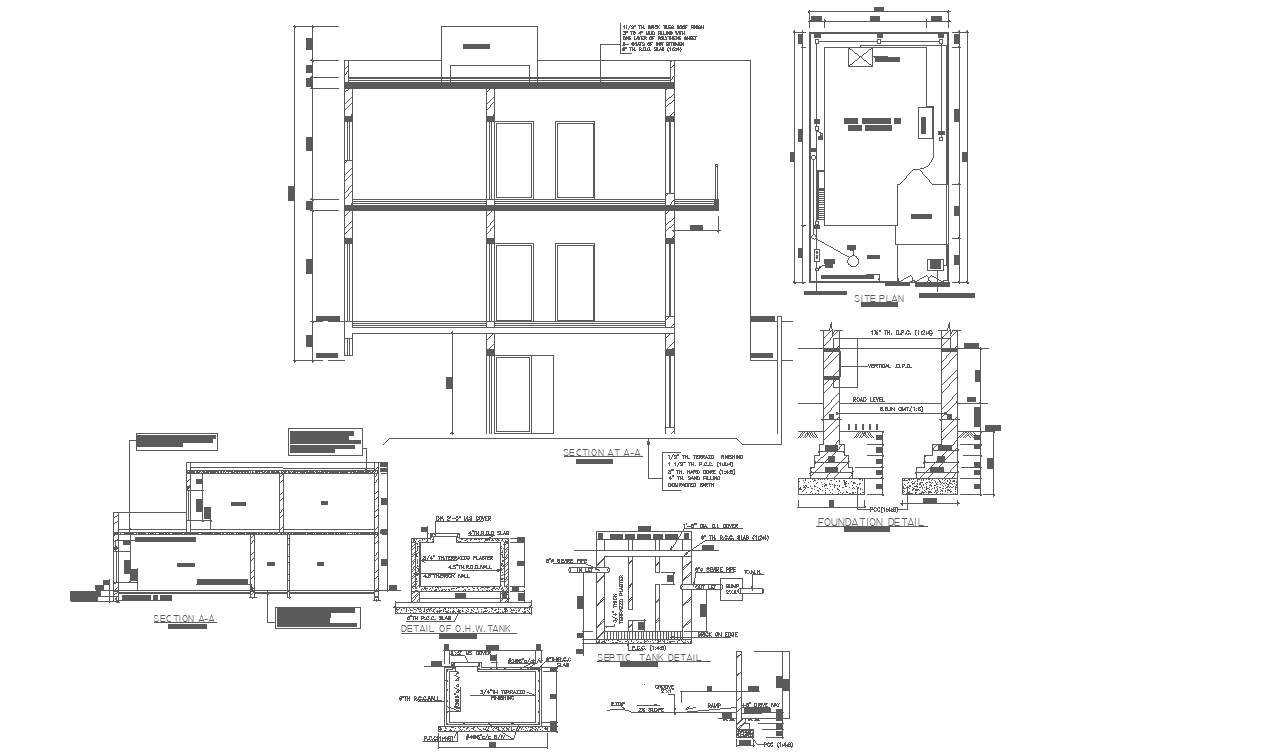 Single bedroom Awesome Trible storey House floor plan, Section and elevation AutoCAD DWG file.