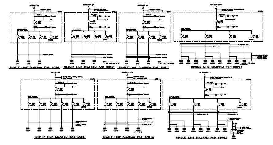 Single line diagram for SDPB, SDP1, and SDP2 section details are provided in this 2D CAD DWG drawing.Download the AutoCAD 2D DWG file.