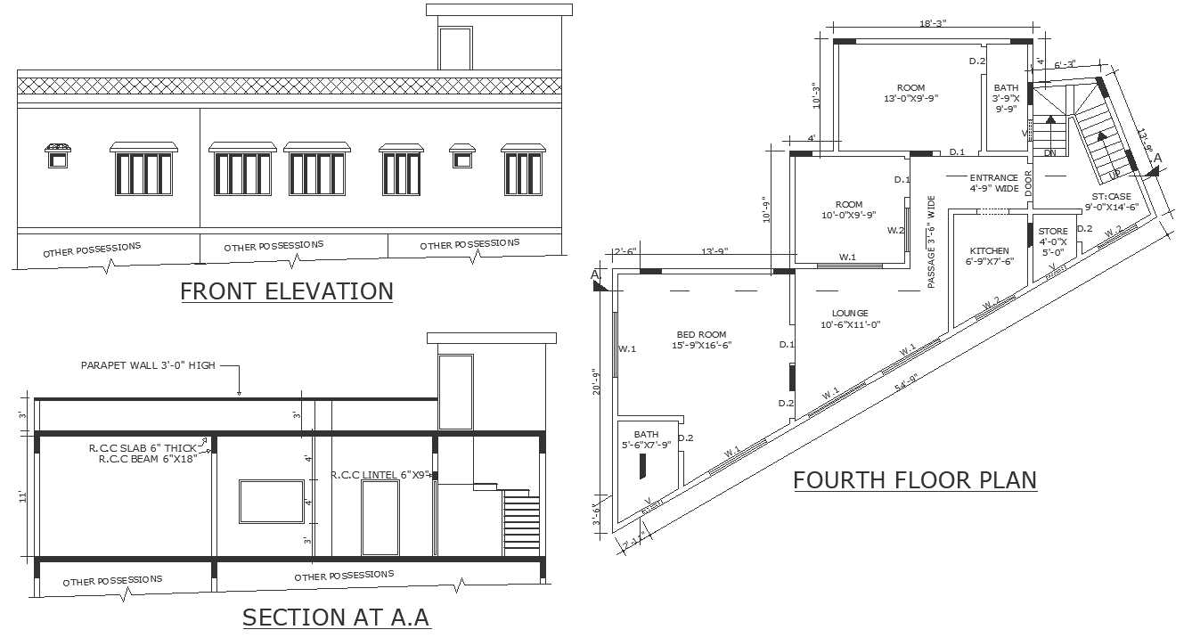 Single storey house plan section and elevation DWG autoCAD drawing