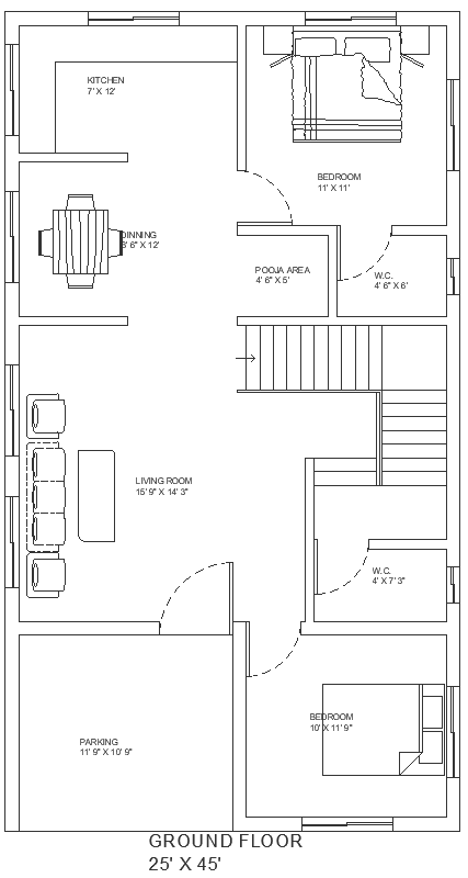 Single storey two bhk house plan on plot of 25X45 ft DWG autoCAD drawing