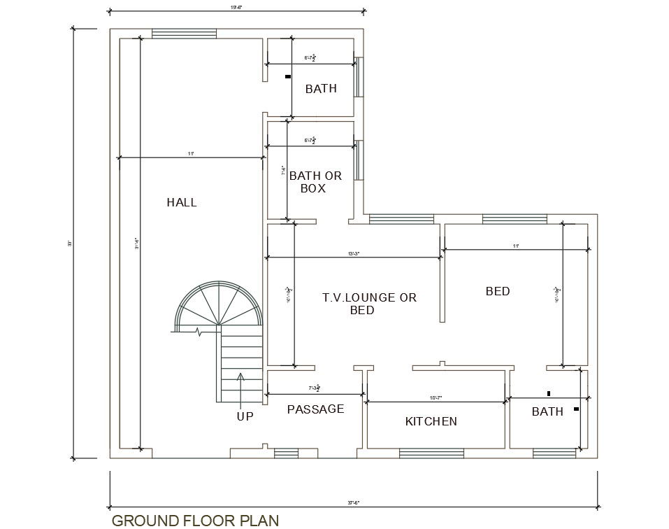 Single story ground floor 1bhk house plan of the size 33'X37'.Download Autocad DWG file.