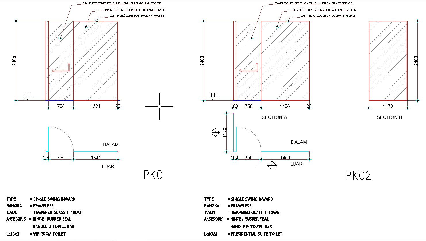 Single swing inward door design in AutoCAD 2D drawing, CAD file, dwg file