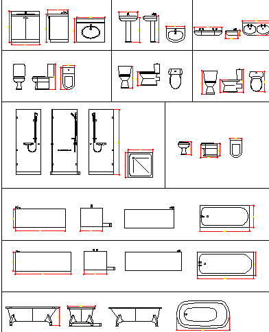 Sink, toilet sheet and bath tub blocks design details dwg file