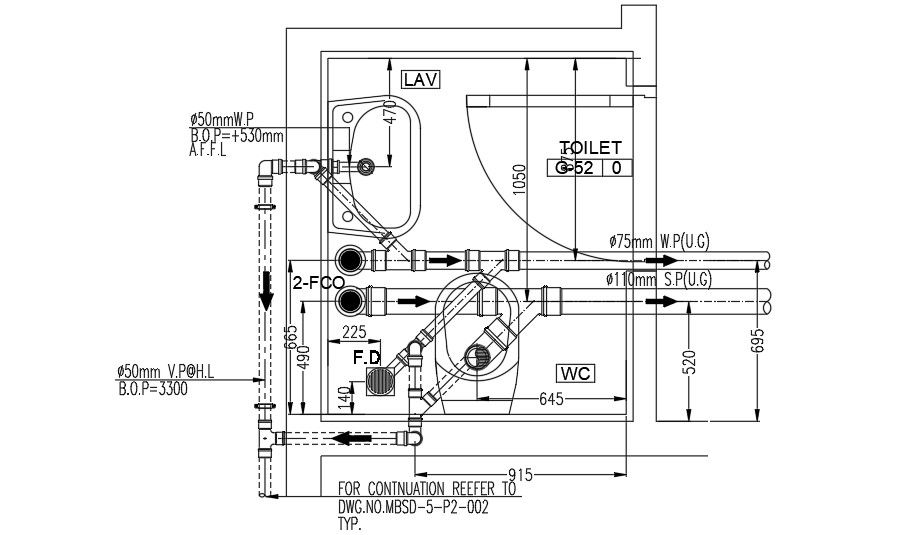 Sink and WC plumbing layout.