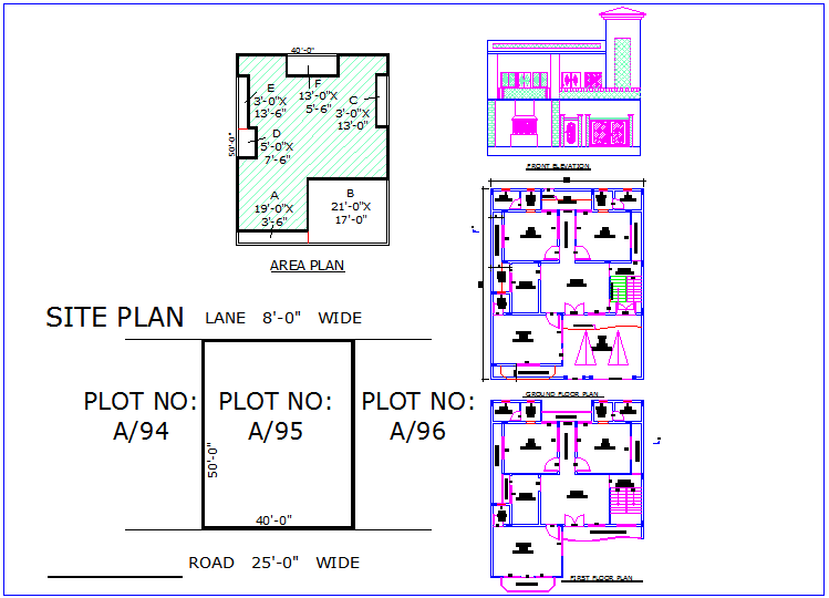 Site and area plan view with plan and elevation for house dwg file