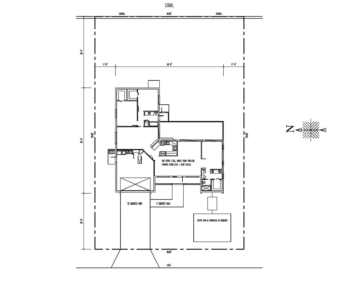 Site plan of single-family house 80'00'' x 125'00'' with detail dimension in AutoCAD