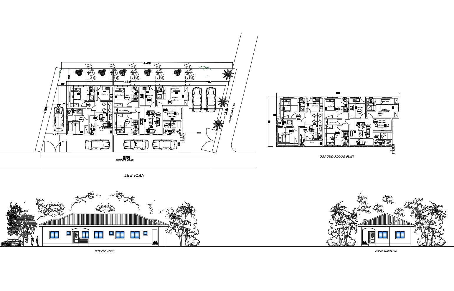 Site plan of the residential apartment with elevation details in dwg AutoCAD