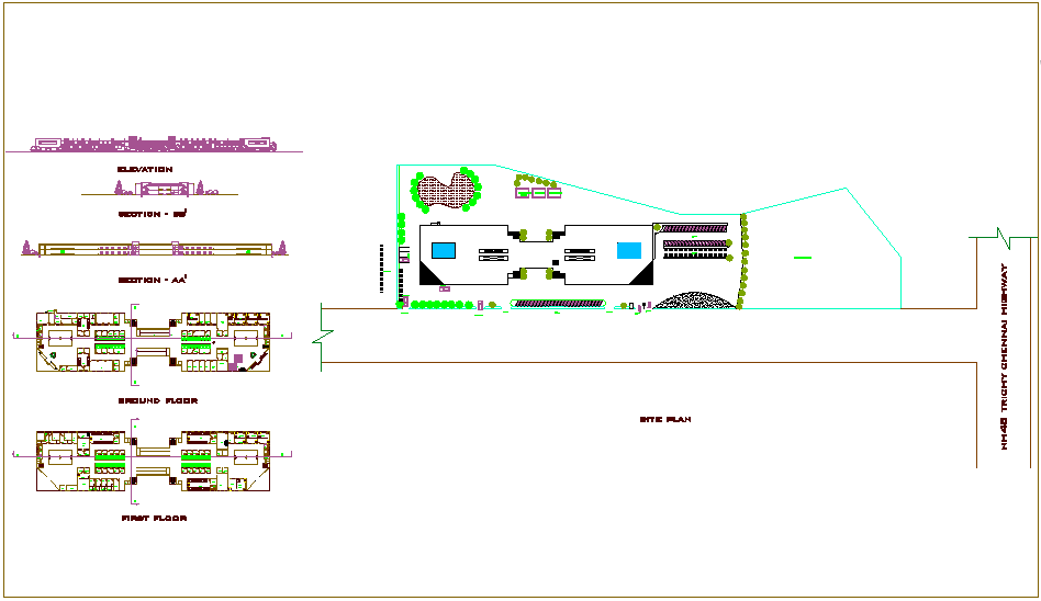 Site plan view of hospital with floor,sectional and elevation view dwg file