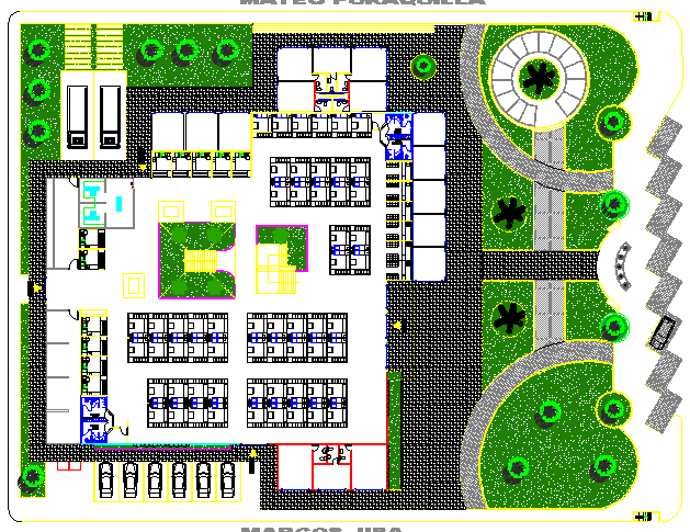 Site plan with landscaping details of shopping center dwg file