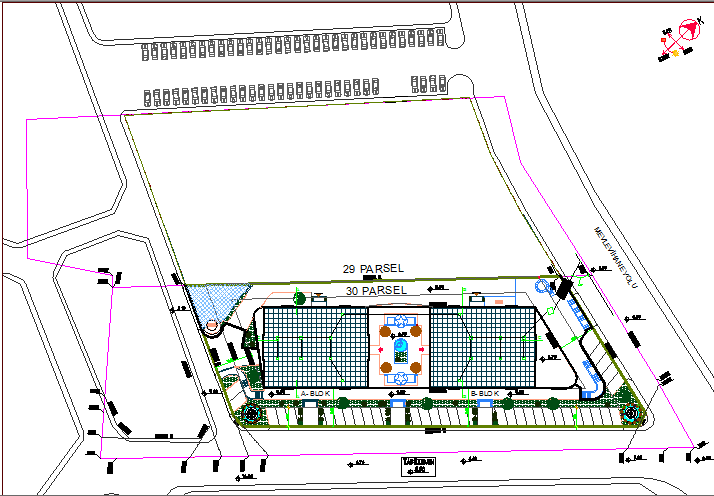 Site plan with landscaping details of shopping mall dwg file
