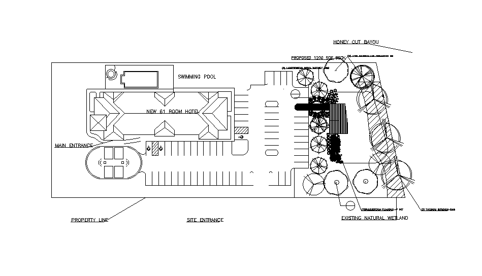 Site entrance of the hotel plan is given in this Autocad drawing file. Download now.