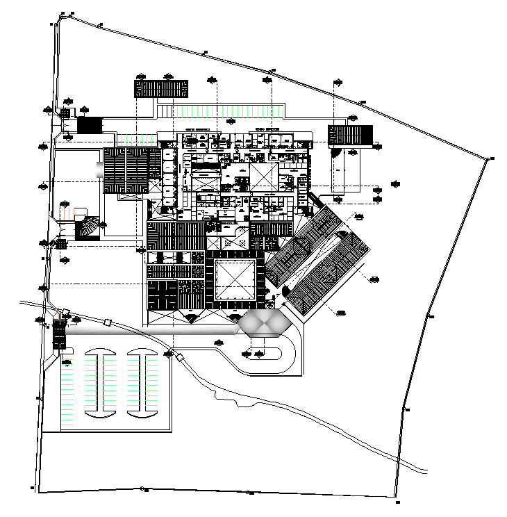Site layout of the 128x108m hospital plan is given in this AutoCAD drawing model. Download now.