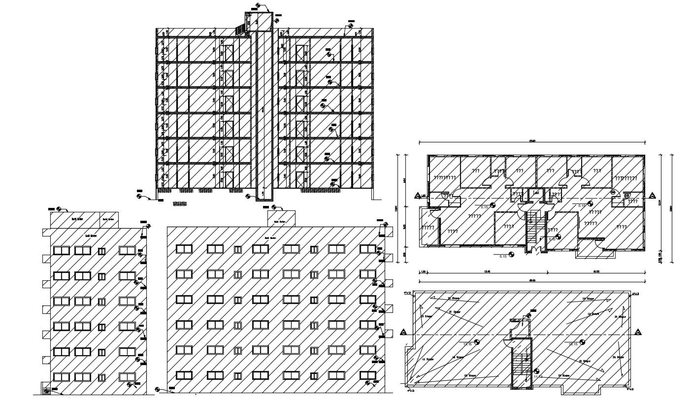 Six Story Apartment Building plan Elevation And Section CAD File