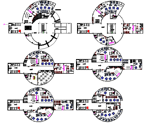 Six floor layout plan details of government office building dwg file