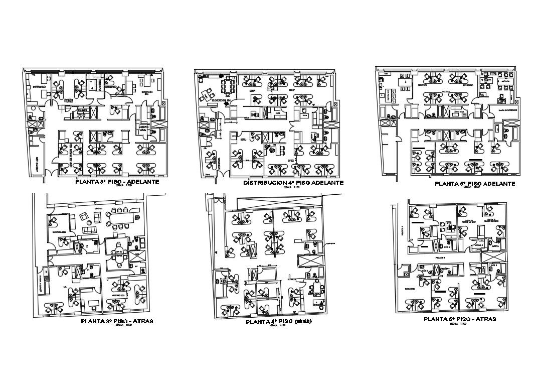 Six flooring administration building floor plan cad drawing details dwg file