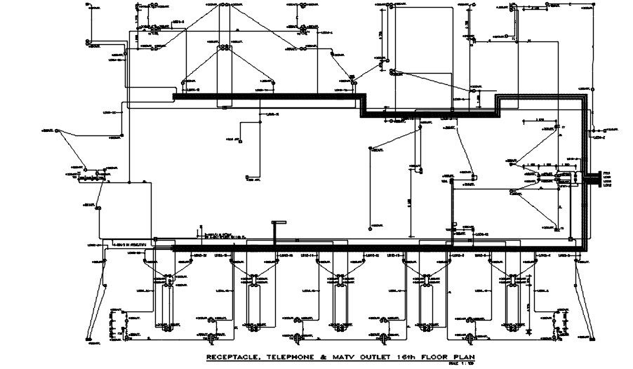 Sixteenth Floor section details of Telephone, Receptacle, and MA tv outlet diagram are given in this AutoCAD DWG drawing. Download the AutoCAD 2D DWG file.