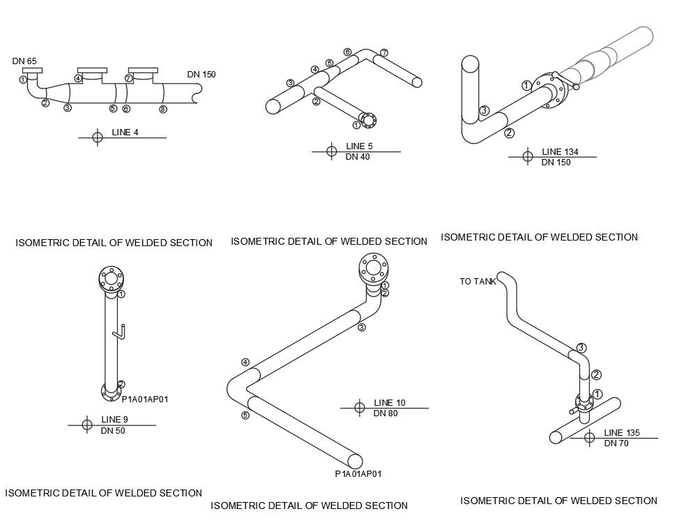 Six types Isometric view details of welded sections were given in 2D DWG Autocad file. Download the DWG file.