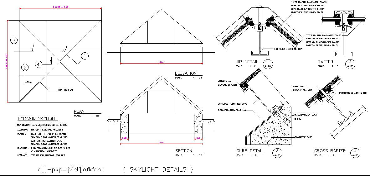 Skylight section and elevation details are given in this 2D AutoCAD Drawing DWG file. Download the free 2D AutoCAD DWG file now.
