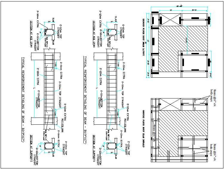 Slab detail and beam column arrangement view and section view detail dwg file