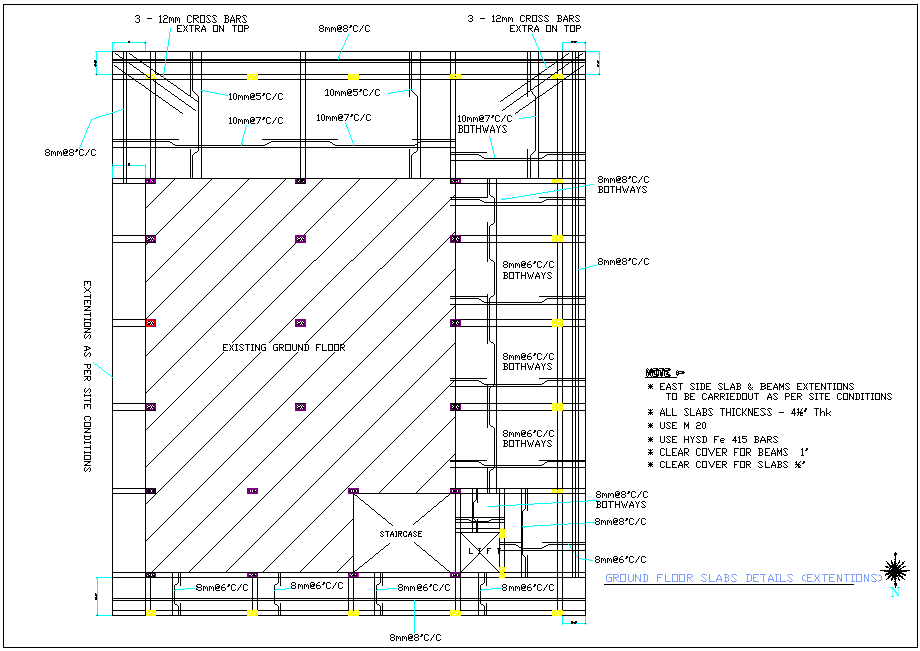 Slab detail view with plan of ground floor construction view for admin office dwg file