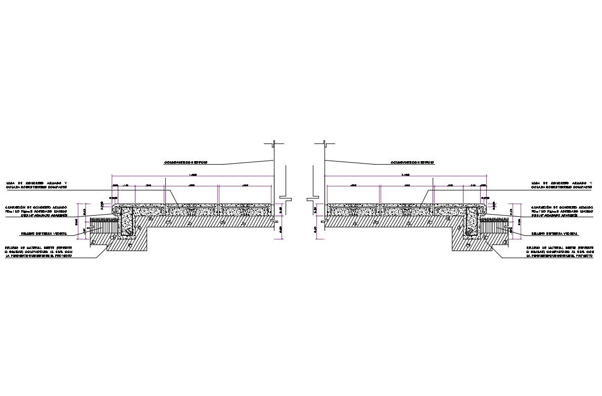 Slab of reinforced concrete and cast on compact ground dwg file