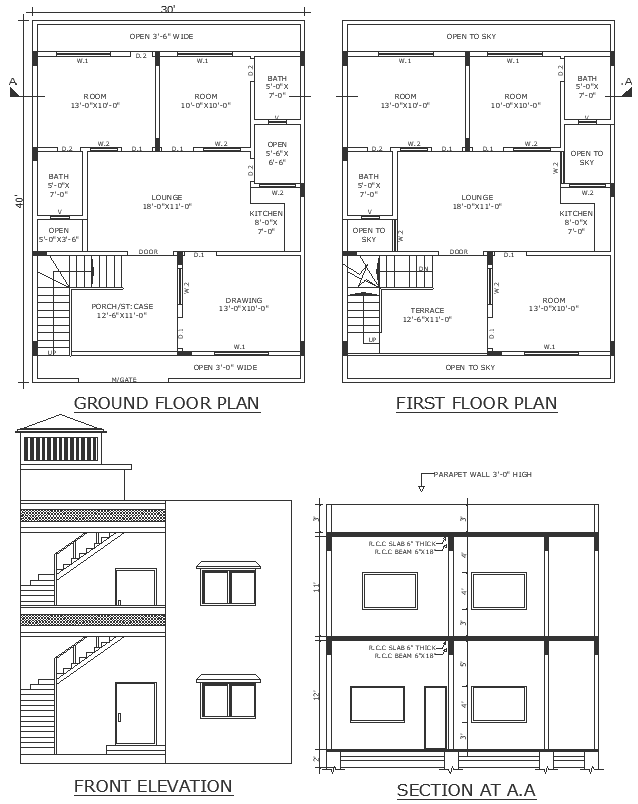 Slant roof design for house plan with details floor plan and elevation dwg autocad drawing .