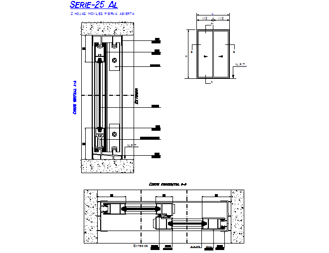 Sliding door elevation and section detail dwg file
