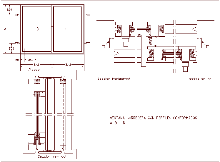 Sliding window design view, horizontal & vertical sectional view dwg file