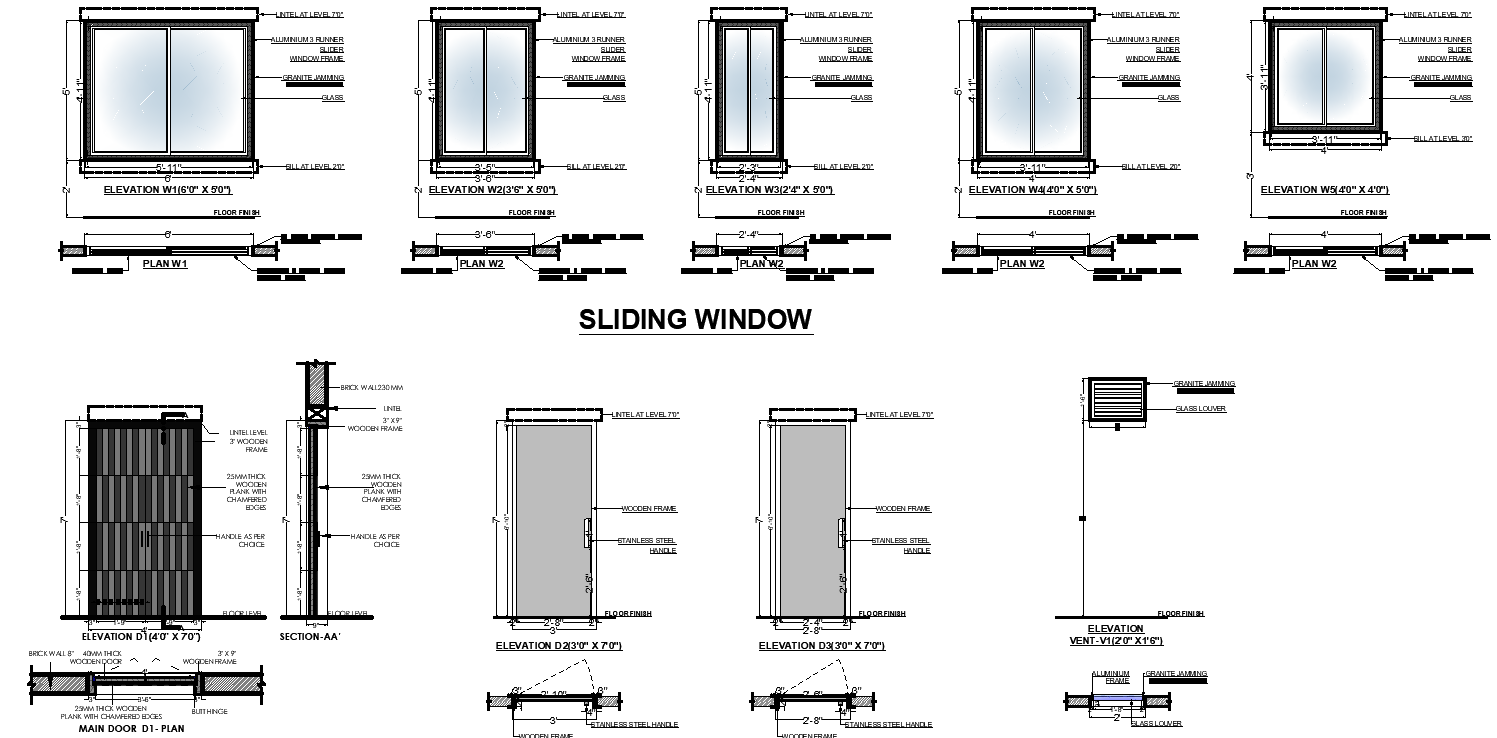Sliding Window Elevation Detail CAD Drawing In AutoCAD DWG File