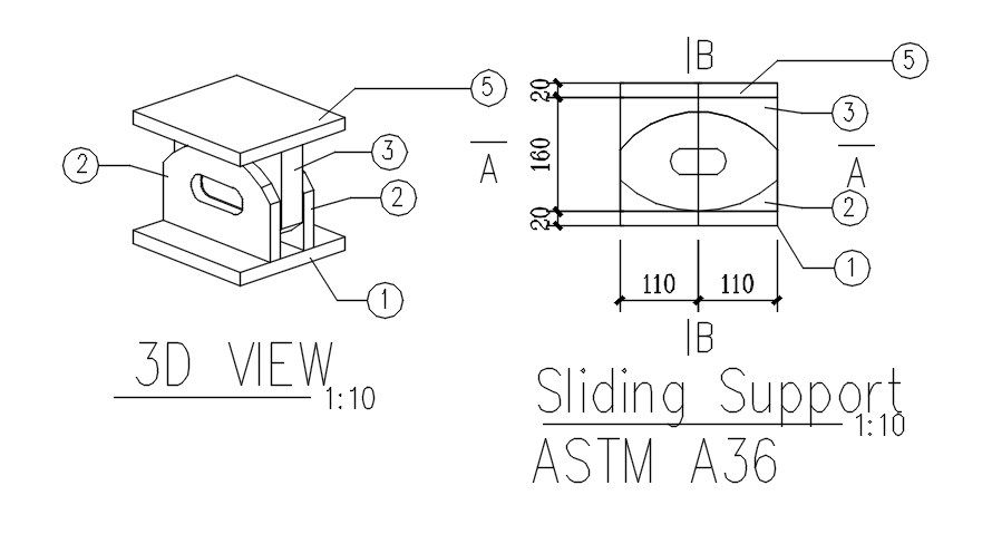 Sliding support design in AutoCAD 2D drawing, dwg file, CAD file
