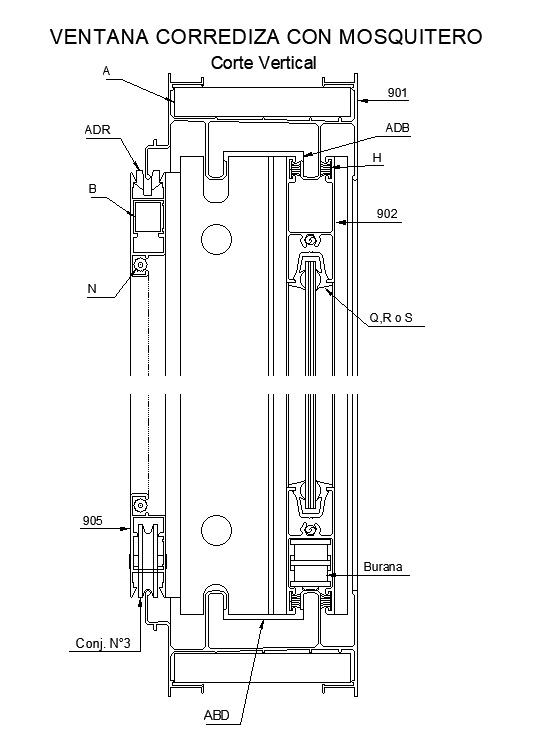 Sliding window with mosquito net machinery detailed CAD drawing. Download now.