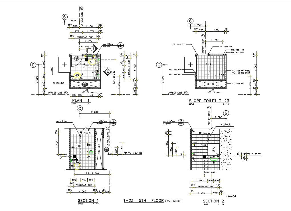 Slop detail of toilet shown in this 2d autocad drawing. Download this 2d autocad drawing.