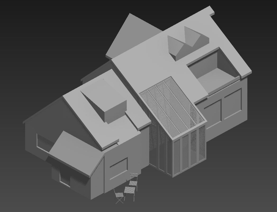 Sloping Roof Bungalow Elevation in 3D MAX File with Detailed View
