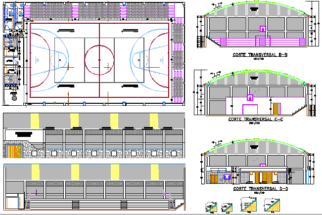 Small Covered Multi-Play Sports Center Architecture Project dwg file
