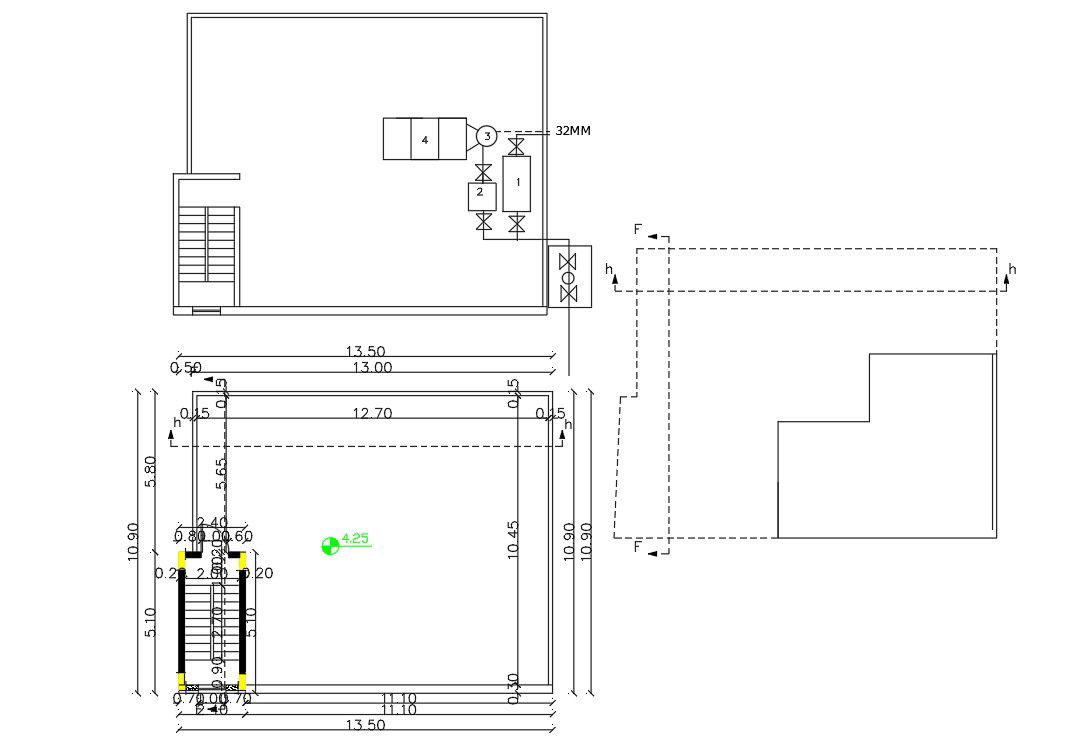 Small House Terrace Floor Plan With Column Marking DWG
