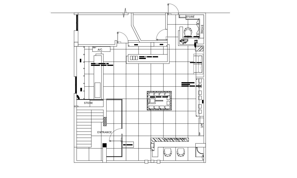 Small shop floor plan with interior layout and design in DWG File