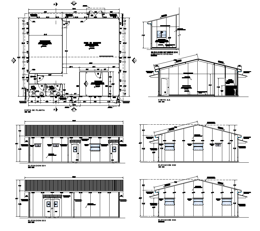 Small commercial office building elevation, plan and section 2d view ...