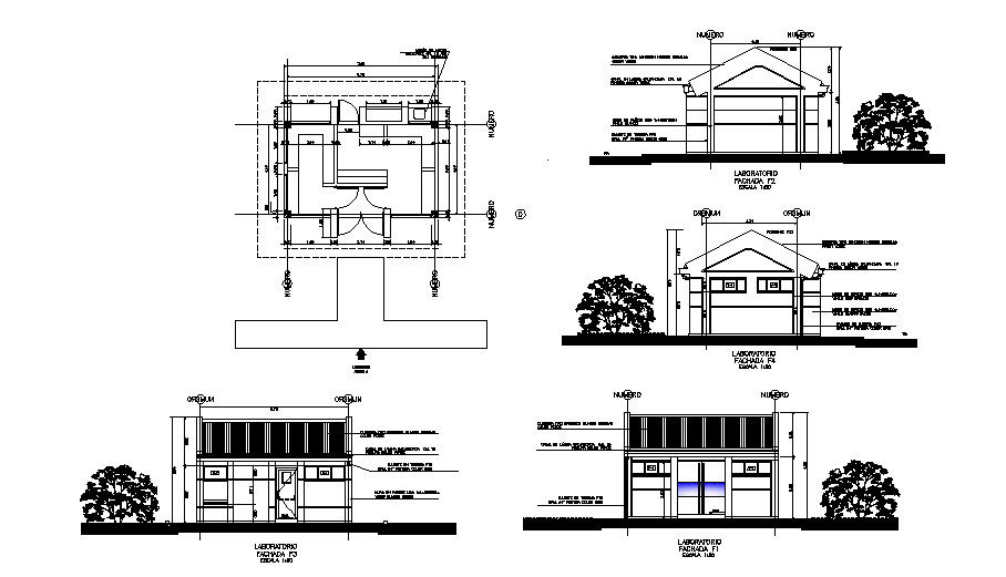 Small house elevation, section, plan and auto-cad details dwg file