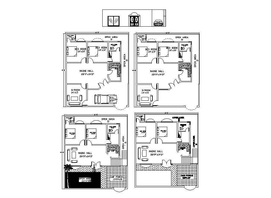 Small one family house main elevation and plan details dwg file