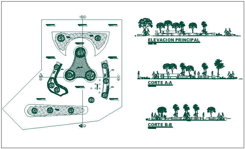 Small square public garden architecture project dwg file