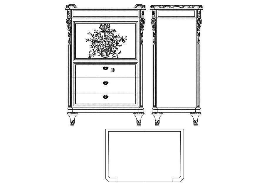 Small writing desk elevation,side view and furniture block view dwg file