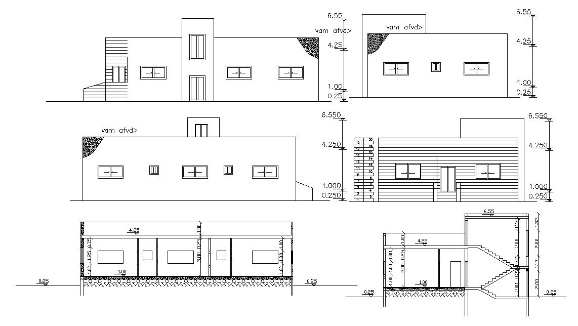 Small Four Side elevations And sections Of House Design CAD